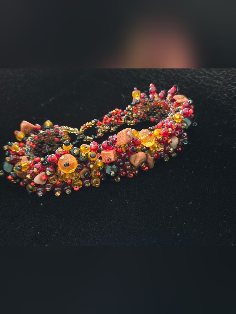 Handmade Beaded Caterpillar" Cuff Bracelet in Red, Orange & Yellow Glass Beads